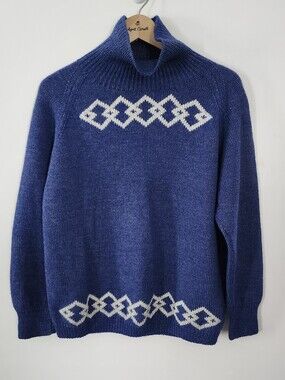 Handmade Royal Blue Cozy Wool Turtleneck Scandinavian  Knit Sweater  Medium
